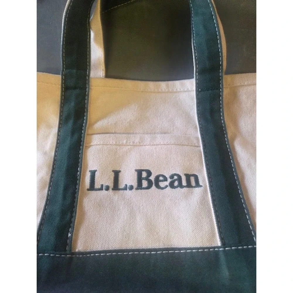 LL Bean Boat and Tote Canvas Bag Small Green Cream Open Top Tote Bag - Picture 2 of 6